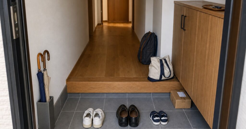 靴、バッグ、リュック、荷物が帰宅動線上に仮置きされた架空の玄関